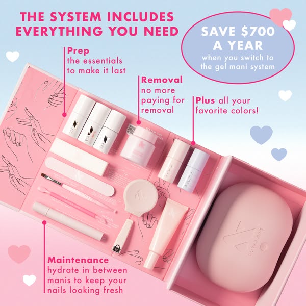 Open Olive & June gel mani system box with lamp, gels and tools, labelled with prep, removal, colour and maintenance callouts
