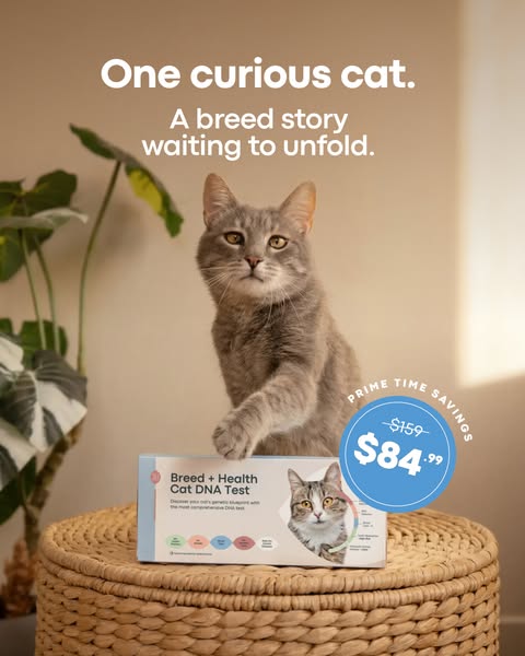 Grey tabby cat with its paw on a Basepaws Cat DNA Test box on a wicker pouf, next to a plant and a $84.99 badge