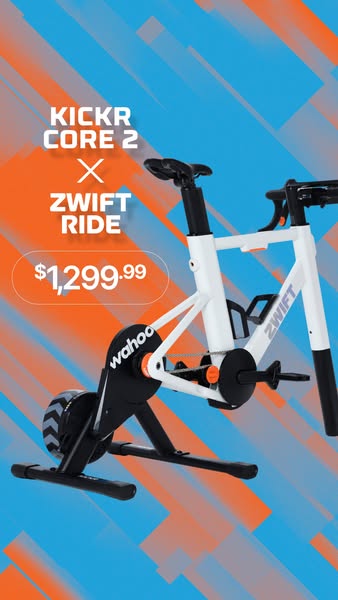 Wahoo KICKR CORE 2 trainer with white Zwift Ride smart frame on orange and blue stripes, priced $1,299.99