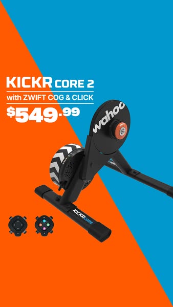 Wahoo KICKR CORE 2 smart trainer with Zwift Click controllers on orange and blue split background, $549.99
