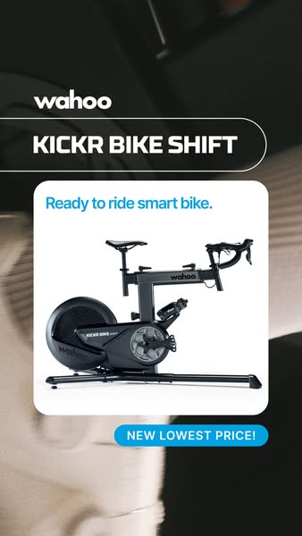 Black Wahoo KICKR BIKE SHIFT smart bike in a white card with Ready to ride smart bike and New Lowest Price text