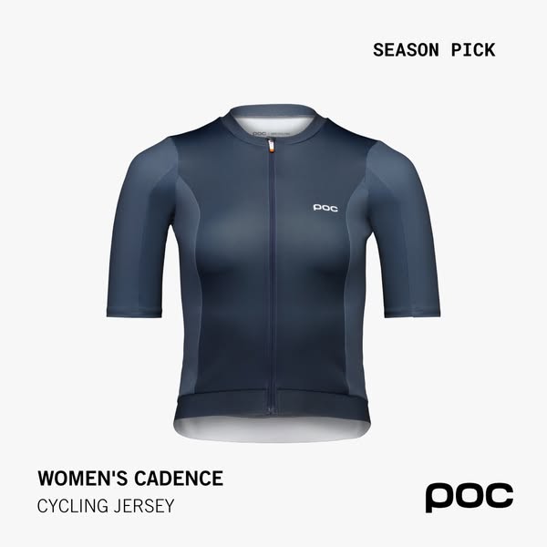 Navy POC Women's Cadence short-sleeve cycling jersey with full zip on light background with SEASON PICK label