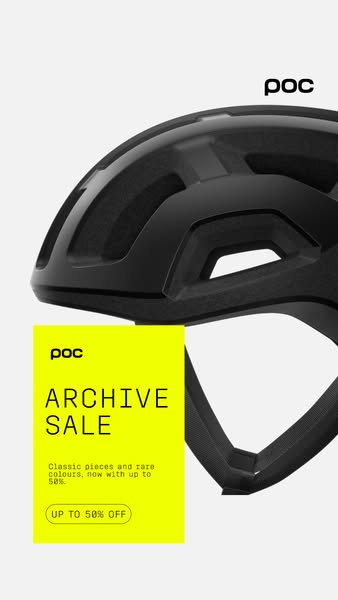 Cropped black POC road helmet with neon yellow panel reading ARCHIVE SALE and UP TO 50% OFF on white background
