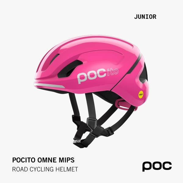 Bright pink POC POCito Omne MIPS kids bike helmet with yellow MIPS badge on light background with JUNIOR label