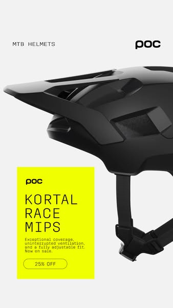 Black POC Kortal Race MIPS mountain bike helmet with visor and neon yellow panel with 25% OFF badge