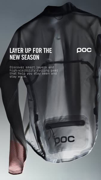 Translucent grey POC cycling rain jacket seen from the back with headline LAYER UP FOR THE NEW SEASON