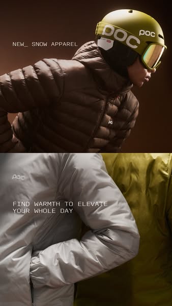 Split-screen POC ad: model in brown down jacket, olive helmet and goggles, plus grey and green insulated jackets