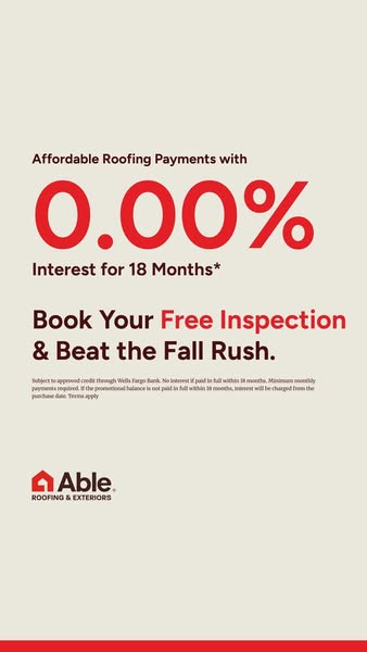 Typographic Able Roofing ad with large red 0.00% interest for 18 months text and free inspection call to action
