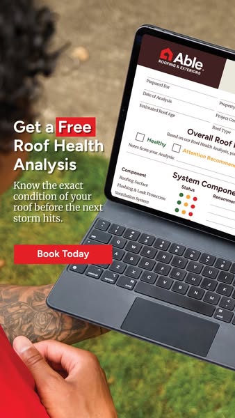 Person holding a tablet showing an Able Roofing Roof Health Analysis report with a Get a Free Roof Health Analysis headline