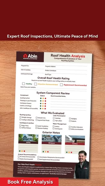 Printed Able Roofing Roof Health Analysis report on a wooden table under the headline Expert Roof Inspections