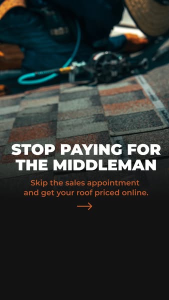 Roofer installing shingles with nail gun, dark overlay and headline Stop paying for the middleman, Triumph Roofing Story ad