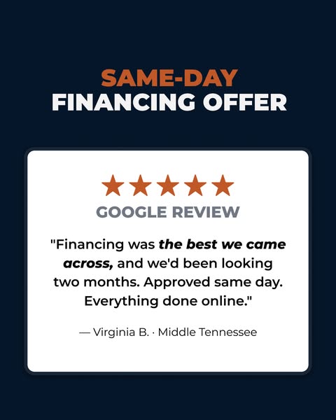 Navy ad with headline Same-Day Financing Offer and a 5-star Google review card from Virginia B. in Middle Tennessee