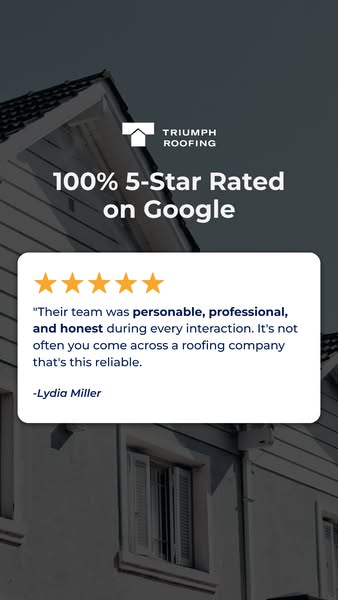 Triumph Roofing Story ad saying 100% 5-Star Rated on Google with Lydia Miller review card over a darkened house photo
