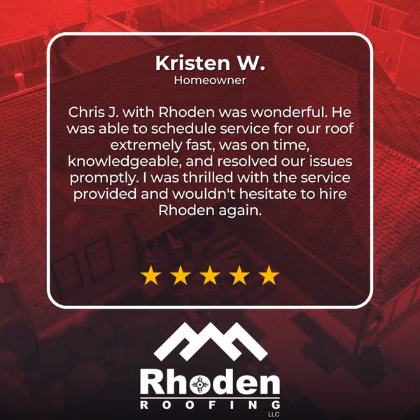 Rhoden Roofing testimonial ad with Kristen W.'s five-star review on a red-tinted aerial photo of house roofs
