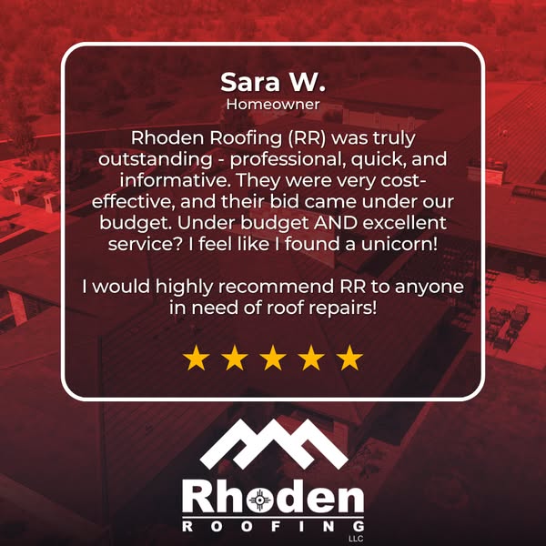 Rhoden Roofing ad with Sara W.'s five-star review about an under-budget bid on a red-tinted aerial roof photo