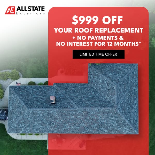 Aerial drone view of a new grey shingle roof with a red panel offering $999 off roof replacement and 0% financing