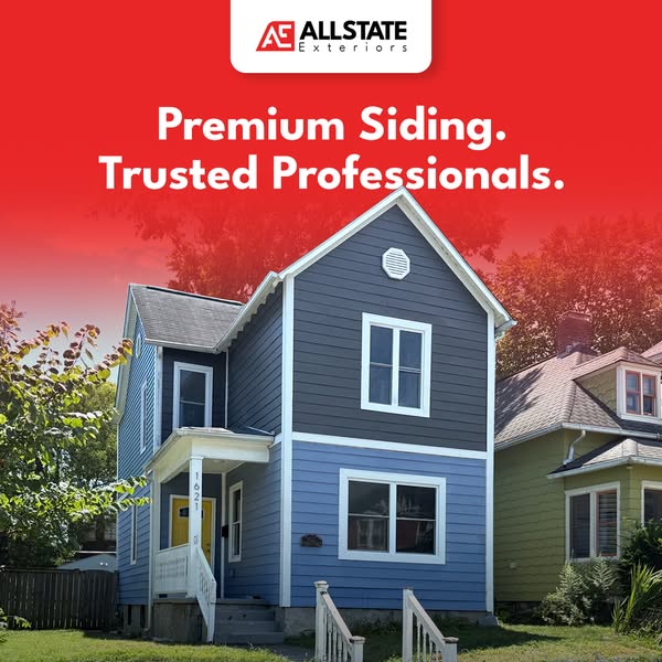 Two-storey house with new blue and grey lap siding and white trim under a red header reading Premium Siding