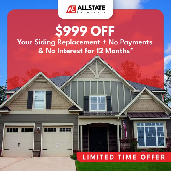 Craftsman-style home with board and batten and shake siding under a red panel offering $999 off siding replacement