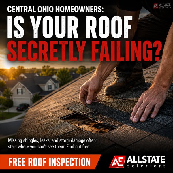 Roofer kneeling on a shingle roof at sunset next to a patch of missing shingles, with text asking if your roof is failing