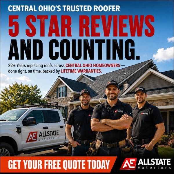 Three smiling roofers in branded shirts and tool belts in front of a home and work truck, with a 5 star reviews headline