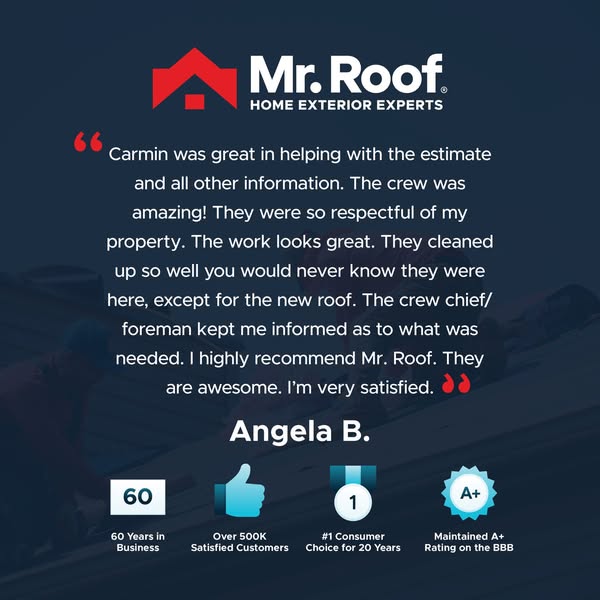 Mr. Roof square ad with a customer quote from Angela B. on a navy background and four trust badges below