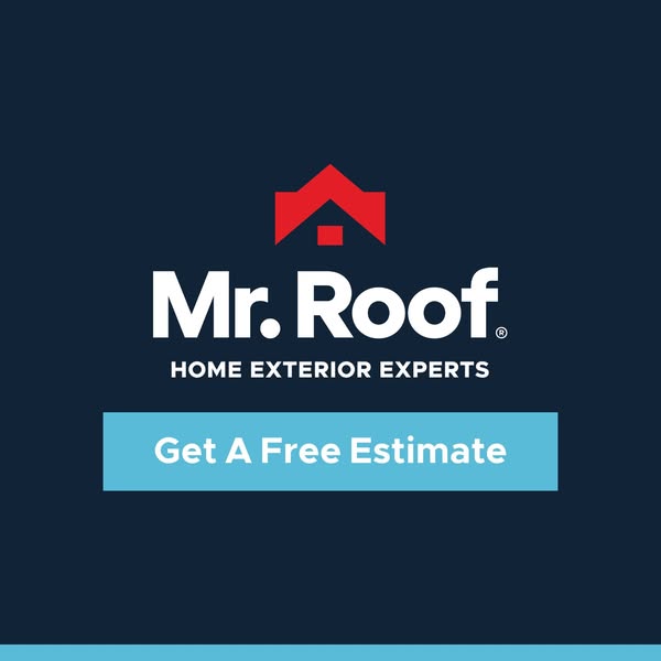 Mr. Roof logo centered on a navy background above a light blue button reading Get A Free Estimate