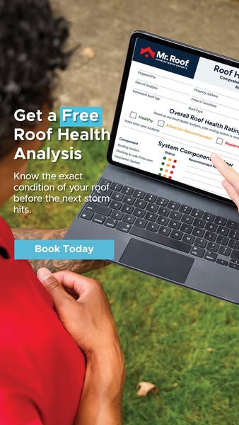 Mr. Roof consultant in red holding a tablet showing a Roof Health Analysis report, with text offering a free analysis