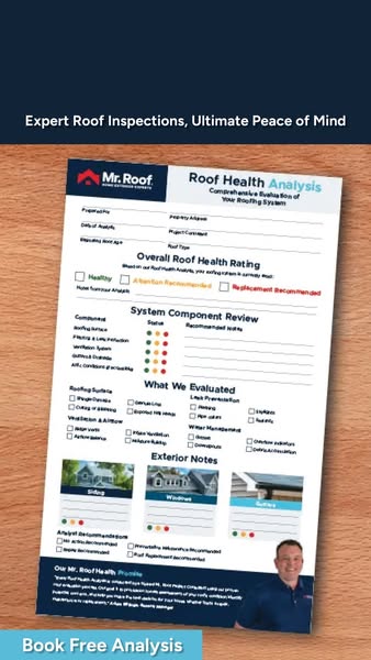 Printed Mr. Roof Roof Health Analysis report lying on a wooden table with a Book Free Analysis button