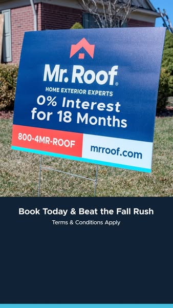 Mr. Roof yard sign on a lawn advertising 0% interest for 18 months with phone number and website