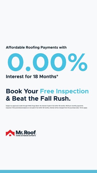 White vertical ad with a large light blue 0.00% and text about 18 months interest-free roofing payments from Mr. Roof