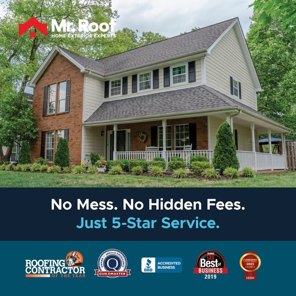 Brick and white two-story home with a new grey roof, text No Mess No Hidden Fees Just 5-Star Service and award badges