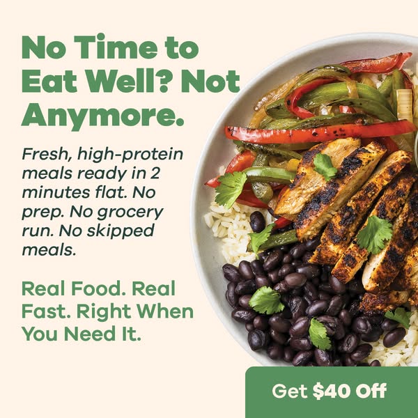 Snap Kitchen ad with blackened chicken, peppers, black beans and rice bowl next to green headline No Time to Eat Well