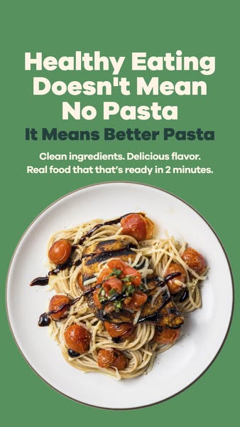 Plate of spaghetti with grilled chicken, roasted cherry tomatoes and balsamic on green with headline It Means Better Pasta