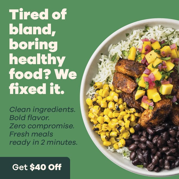Blackened chicken bowl with mango salsa, street corn and black beans on green with headline Tired of bland healthy food