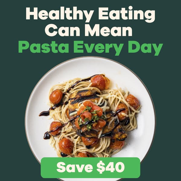 Top-down spaghetti with grilled chicken and roasted tomatoes on dark green with text Pasta Every Day and Save $40