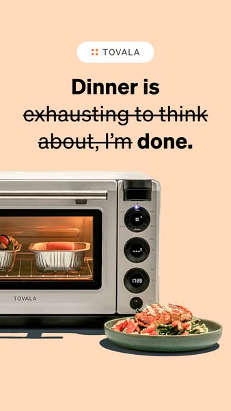 Tovala story ad with strikethrough headline 'Dinner is done' above a smart oven and a plated salmon salad on peach