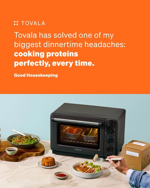 Tovala ad with Good Housekeeping quote on orange above a black smart oven, plated meals and a meal delivery box