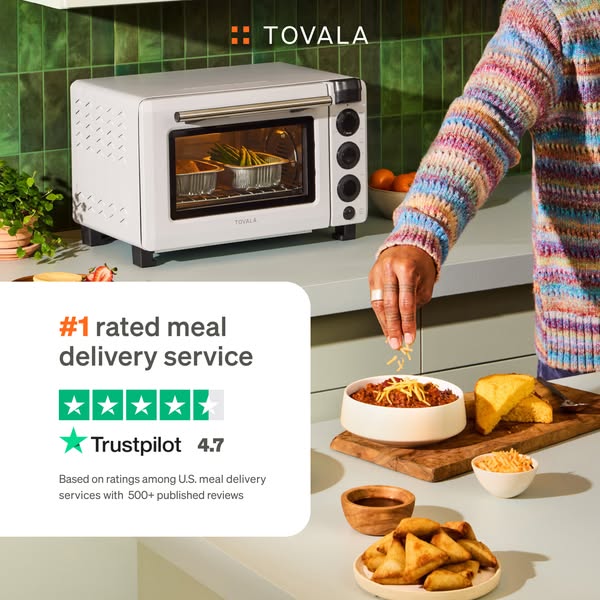 Tovala ad with #1 rated meal delivery Trustpilot 4.7 card, white smart oven on green-tiled kitchen counter with chili