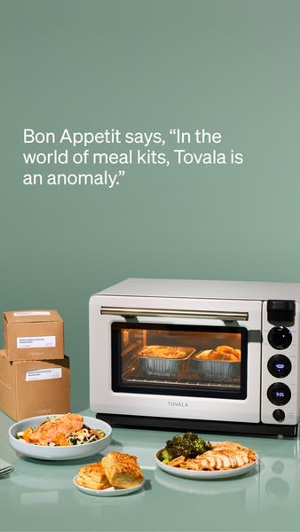 Tovala story ad with Bon Appetit quote on sage green above a cream smart oven, delivery boxes and three plated meals