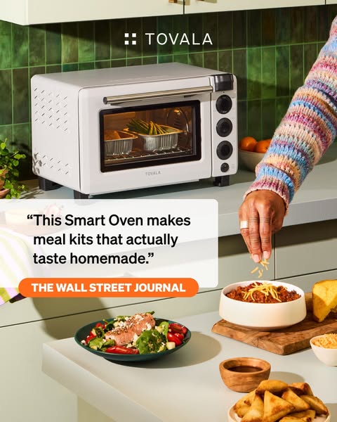 Tovala ad with Wall Street Journal quote card over a white smart oven, green tiles, chili, cornbread and salmon salad