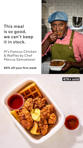 Chef Marcus Samuelsson eating fried chicken next to a CookUnity tray of chicken and waffles with a 47K+ sold badge