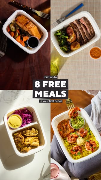 Four CookUnity meal trays with salmon, steak, chicken and shrimp in a 2x2 grid with an 8 free meals offer in the centre