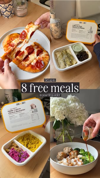 Home kitchen photos of CookUnity flatbread, enchiladas, shawarma and meatballs with an 8 free meals offer