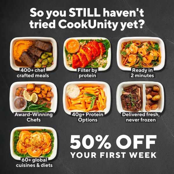 Seven labelled CookUnity meal trays on dark slate under the headline So you STILL haven't tried CookUnity yet