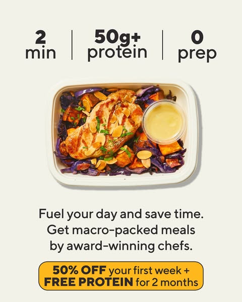 CookUnity grilled chicken tray with almonds and red cabbage under the stats 2 min, 50g+ protein, 0 prep