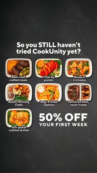 Seven labelled CookUnity meal trays on dark slate under the headline So you STILL haven't tried CookUnity yet