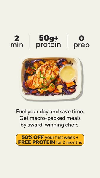 CookUnity grilled chicken tray with almonds and red cabbage under the stats 2 min, 50g+ protein, 0 prep