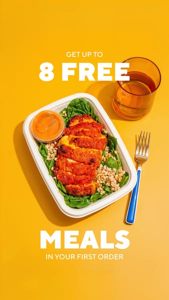 CookUnity spicy chicken tray with spinach and farro on a bright yellow background with 8 free meals text