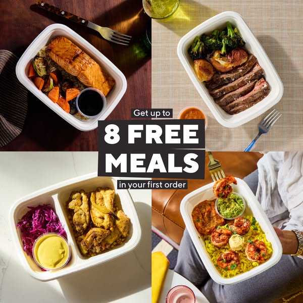 Four CookUnity meal trays with salmon, steak, chicken and shrimp in a 2x2 grid with an 8 free meals offer in the centre
