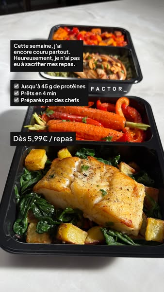 Factor ready meal trays with seared fish, spinach and potatoes, French text callouts on protein, 4 minutes and chefs